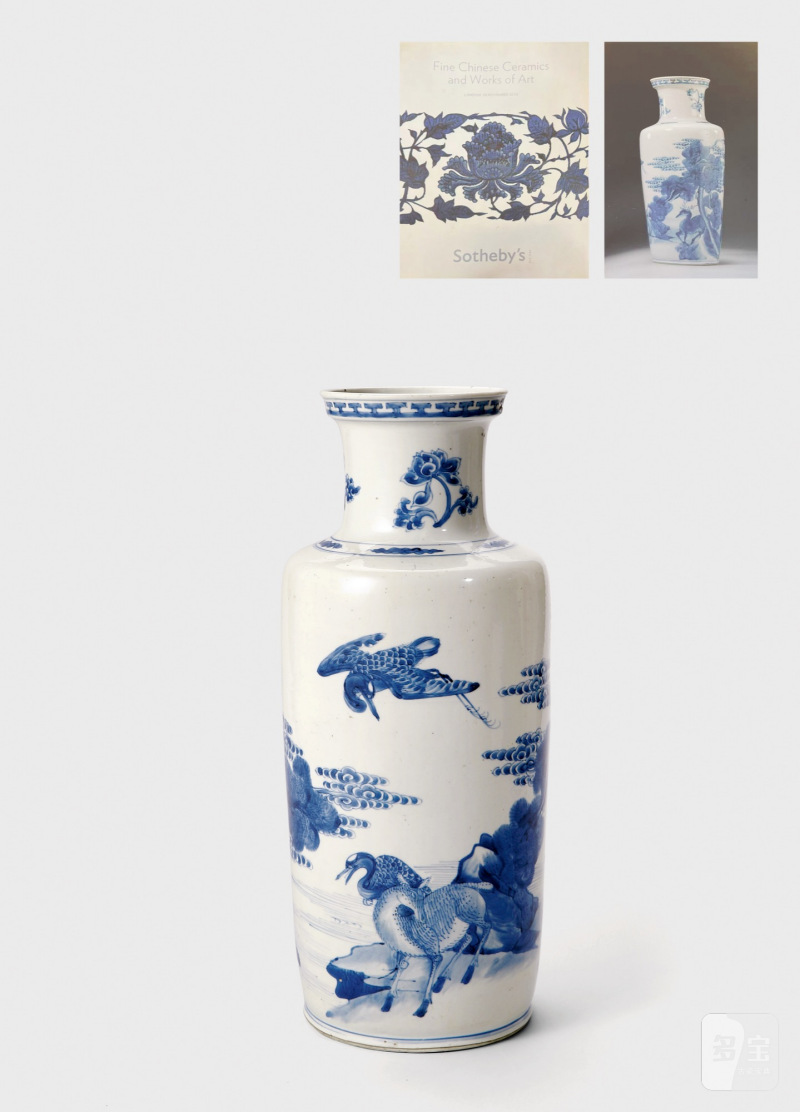 清康熙·青花鹤鹿同春图棒槌瓶